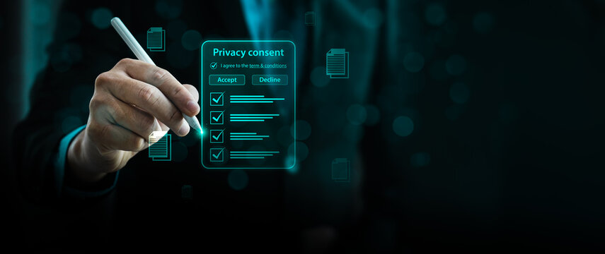 Privacy consent compliance concept with digital checklist interface in hand representing data protection policy agreement personal information security and online regulation management