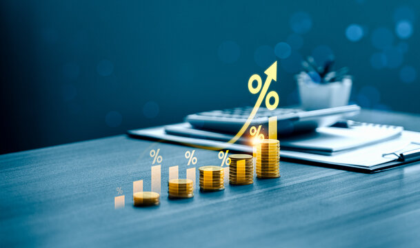 Compound interest financial growth concept with stacked coins and rising percentage chart showing investment return saving strategy and long term wealth accumulation