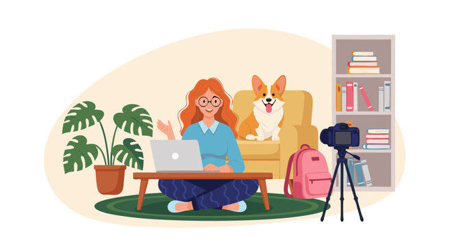 Cozy home office illustration with a woman working on laptop, corgi dog in armchair, and video camera setup for content creation, vector art