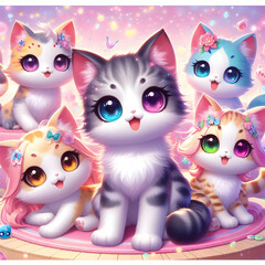 Fototapeta premium Adorable Kawaii Kittens with Big, Sparkling Eyes Adorning a Soft, Pink Background with Glitter and Confetti