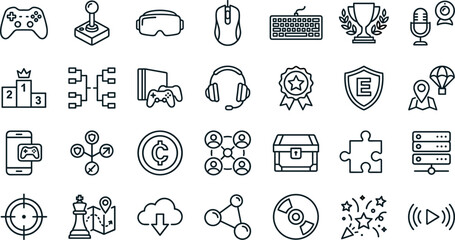 Gaming and esports line icon collection featuring controllers streaming tournament and online multiplayer vector symbols © Radiance