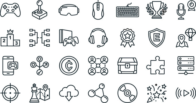 Gaming and esports line icon collection featuring controllers streaming tournament and online multiplayer vector symbols
