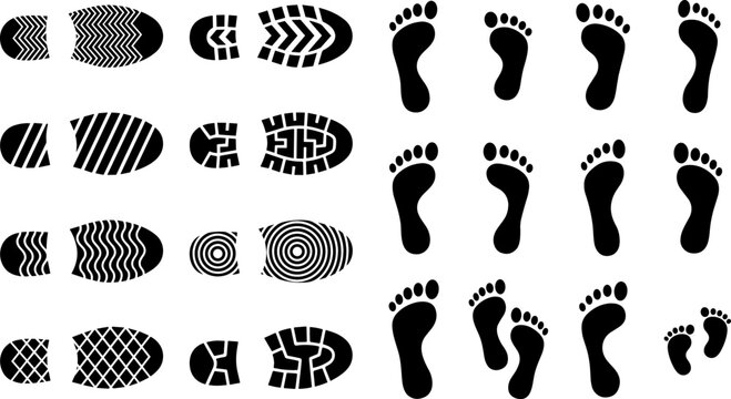 Collection of shoe sole and barefoot footprint vector silhouettes featuring walking track and tread pattern design elements.