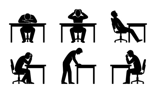 Collection of six black silhouette icons depicting stress, exhaustion, and frustration at a desk, representing mental health challenges and workplace burnout
