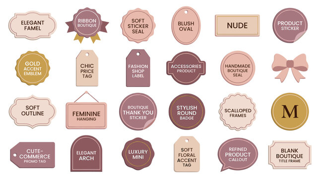 Elegant feminine logo and label templates in soft nude tones with bows, badges, monograms and branding elements for beauty boutique design
