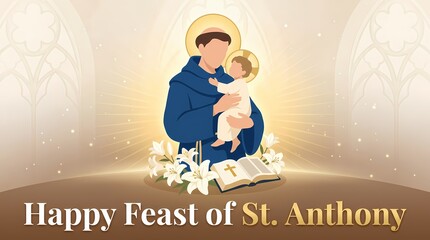 Happy feast of st anthony illustration with saint holding baby jesus, lilies and an open bible