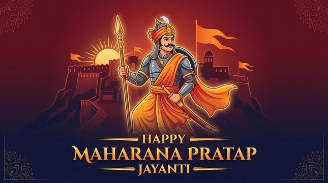 Maharana pratap jayanti celebration poster with illustration of the legendary rajput warrior king