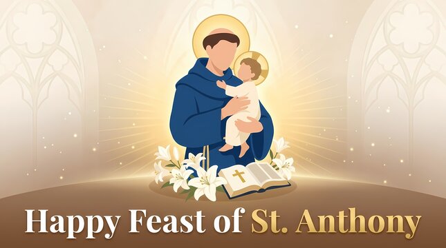 Happy feast of st anthony illustration with saint holding baby jesus, lilies and an open bible