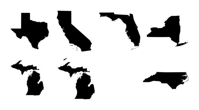 Set of US State Silhouettes: Texas, California, Florida, New York, Michigan, North Carolina, Vector Icons for Geographic and Travel Concepts