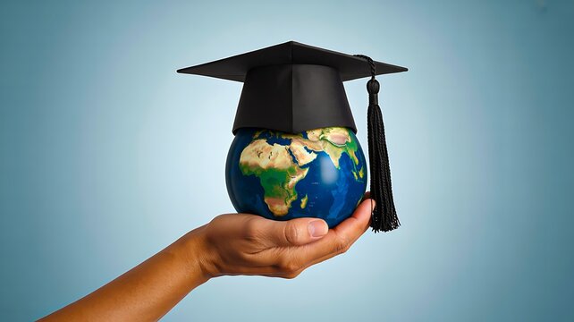 Graduation cap on globe representing global education and academic achievement