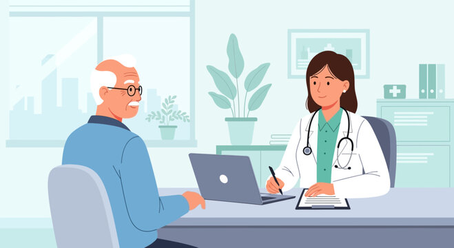 Doctor consulting elderly patient in clinic, writing notes on clipboard, laptop on desk