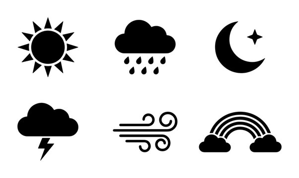 Weather Icons Set: Sun, Rain Cloud, Moon, Lightning, Wind, Rainbow, Night Sky, Forecast Symbols, Meteorology Graphics, Climate Icons, Forecasting Tools, Atmospheric Elements