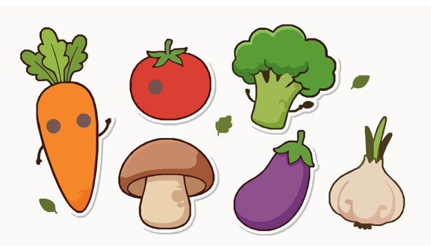 Kawaii vegetable characters vector set cute smiling cartoon food icons