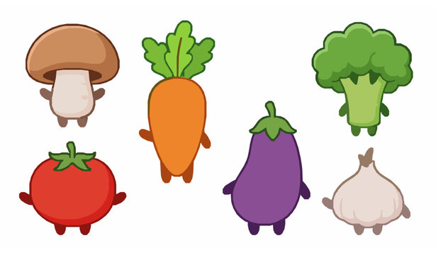 Cute cartoon vegetable characters vector set smiling food illustration