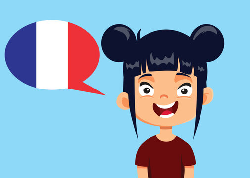 Happy Schoolgirl Speaking French Fluently Vector Illustration. Smart female student talking excitedly while studying French with cheerful expression