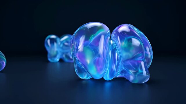 Abstract liquid fluid blob organic blue transparent glass form on dark background with soft glow, glossy reflection and smooth light transitions