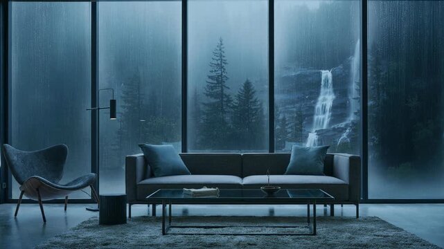 Cozy modern living room with sleek sofa and chair overlooking rainy forest landscape