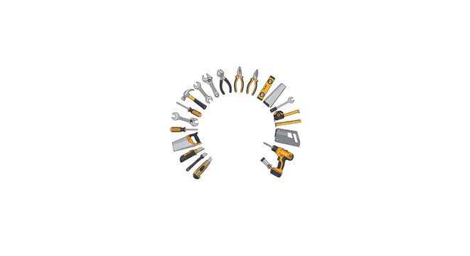 Set of various hand tools arranged in a semicircle on white background.