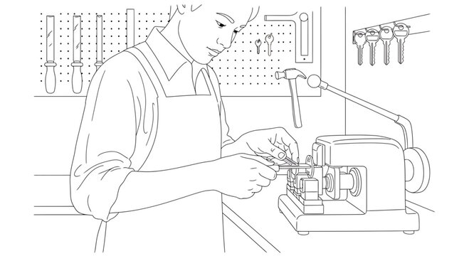 Locksmith cutting a key on a machine, workshop, tools on wall