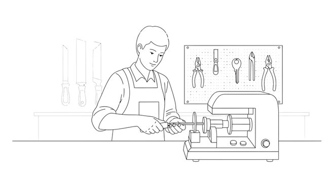 Locksmith making a key with a key cutting machine and tools on wall