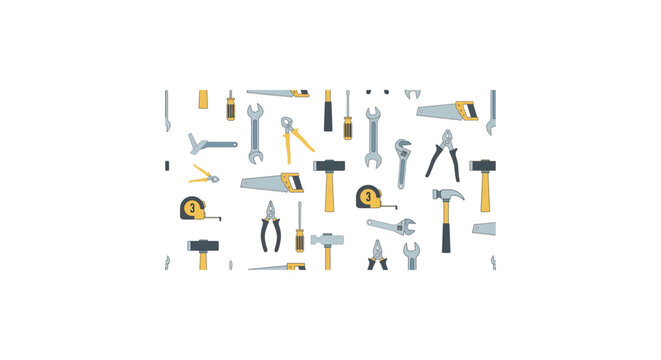 Seamless pattern of various hand tools including hammers, screwdrivers, pliers, and wrenches on white background.