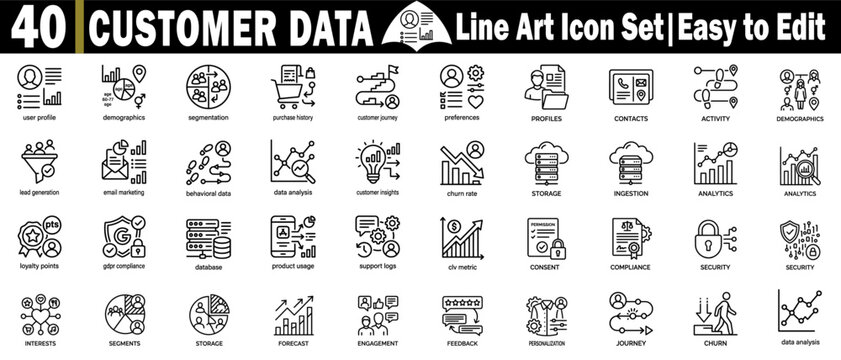 Customer data line art icon set, easy to edit vector illustration, and use.