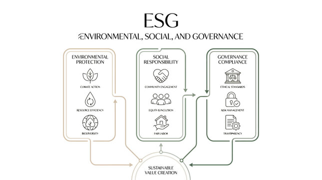 A detailed diagram illustrating the core components of Environmental, Social, and Governance (ESG) principles, showing how they contribute to sustainable value creation.