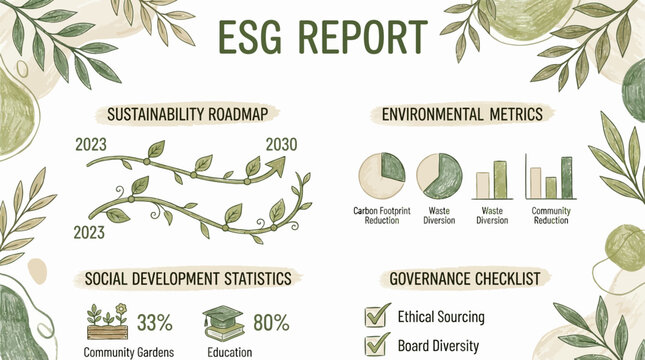 An ESG report template featuring sustainability roadmap, environmental metrics, social development statistics, and governance checklist with green leaf motifs.