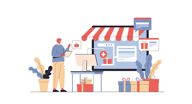Online shopping concept: person at computer with store facade, gifts, credit card, and shopping cart icons.