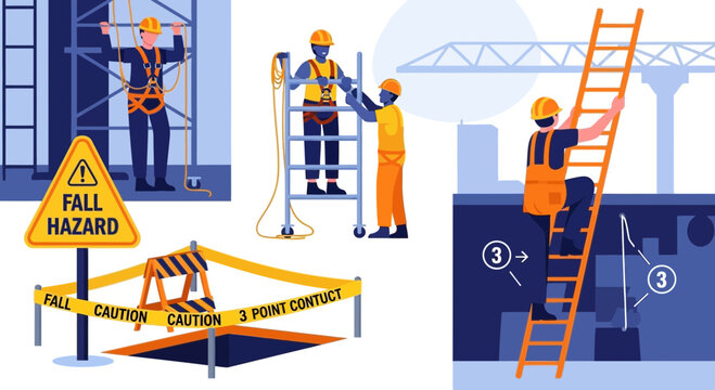 Construction Safety: Workers use safety harnesses, ladders, and fall protection at a building site.