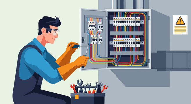 Electrician working on electrical panel, wiring, circuits, tools, safety concept
