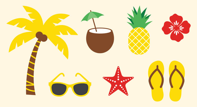 Vibrant tropical summer bundle featuring a palm tree coconut drink pineapple flower sunglasses starfish and yellow flip flop sandals.