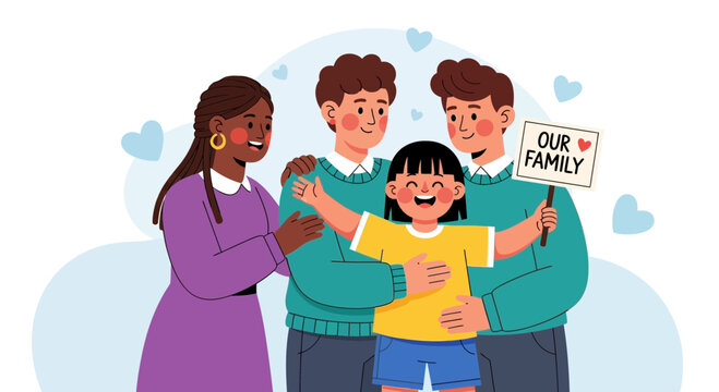 Diverse Family Celebration: Two Fathers, Mother, and Child with 'Our Family' Sign