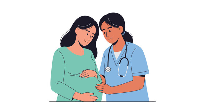 Pregnant Woman Examined by Nurse, Medical Checkup, Maternal Care Illustration