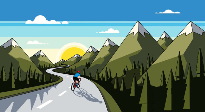 Cyclist on winding mountain road at sunrise, healthy lifestyle, adventure travel