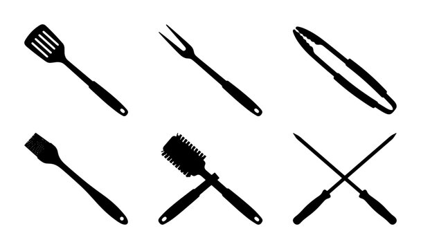 Barbecue Utensils Set, Black Silhouette Grilling Tools Collection, Spatula, Tongs, Fork, Brush, Knife, Vector Icons for Outdoor Cooking