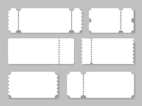 Blank White Ticket Template Vector Set with Perforated Edges for Event Vouchers