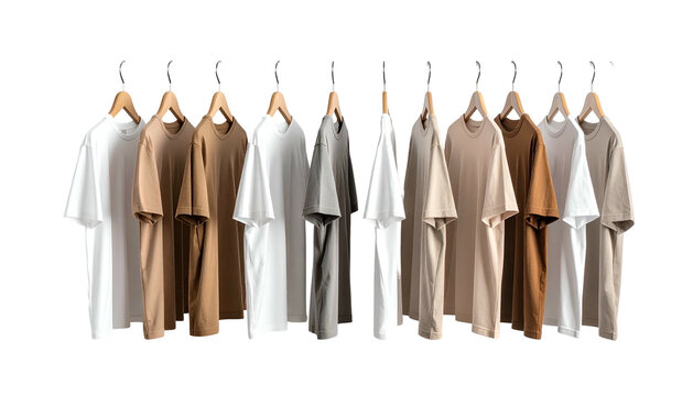 Shirts in neutral hues hang aligned on wooden hangers, black backdrop