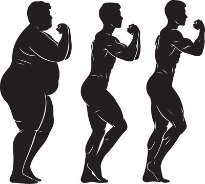 Three silhouette figures of a person in different body types