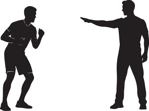 Two men in fighting stance and pointing gesture silhouettes