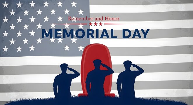 Memorial day tribute featuring silhouettes of saluting soldiers before an american flag and tomb