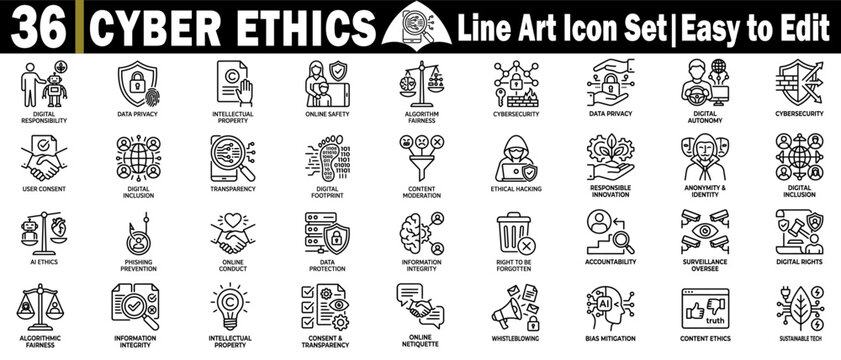 Cyber ethics line art icon set. easy to edit and use elements.