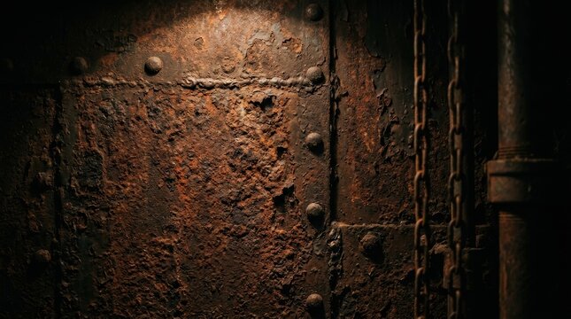Rusty industrial metal plate with rivets and chains, weathered iron texture background, dark gritty steel surface for horror or steampunk design
