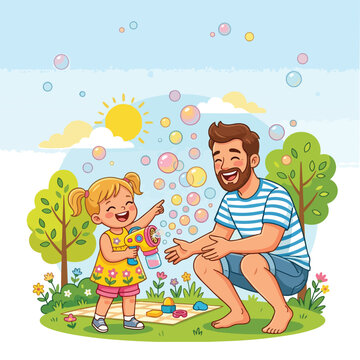 Father's Day joy father and daughter playing with bubble machine in a sunny park on a picnic blanket