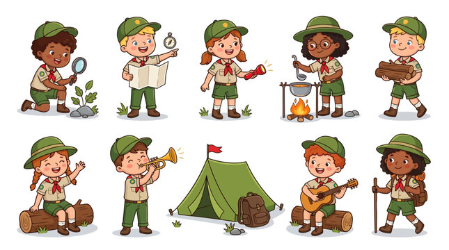 Group of happy children in scout uniforms engaged in various outdoor summer camping activities