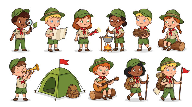 Diverse group of young scout children participating in various outdoor activities at a summer camping trip