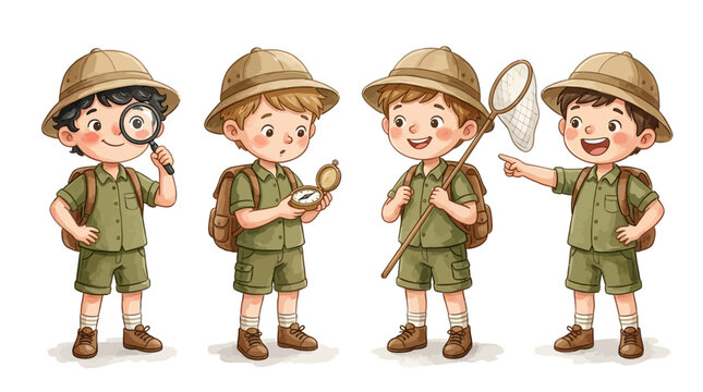 Four cute cartoon boys dressed as scouts exploring nature with gear and equipment