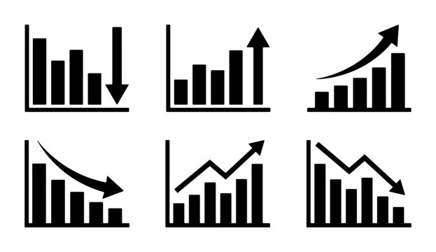 Business Growth and Decline Bar Chart Icons, Financial Trend Vectors, Upward and Downward Data Analysis Graphics, Economic Performance Set