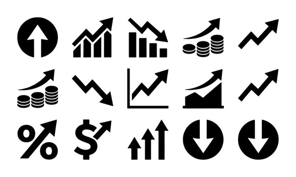 Financial Growth Icons, Business Analytics Charts, Stock Market Trends, Percentage and Dollar Symbols, Vector Set for Finance and Investment Concepts