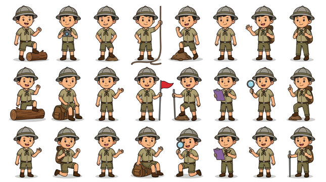 Set of cartoon characters of a boy scout in various poses engaged in outdoor exploration activities